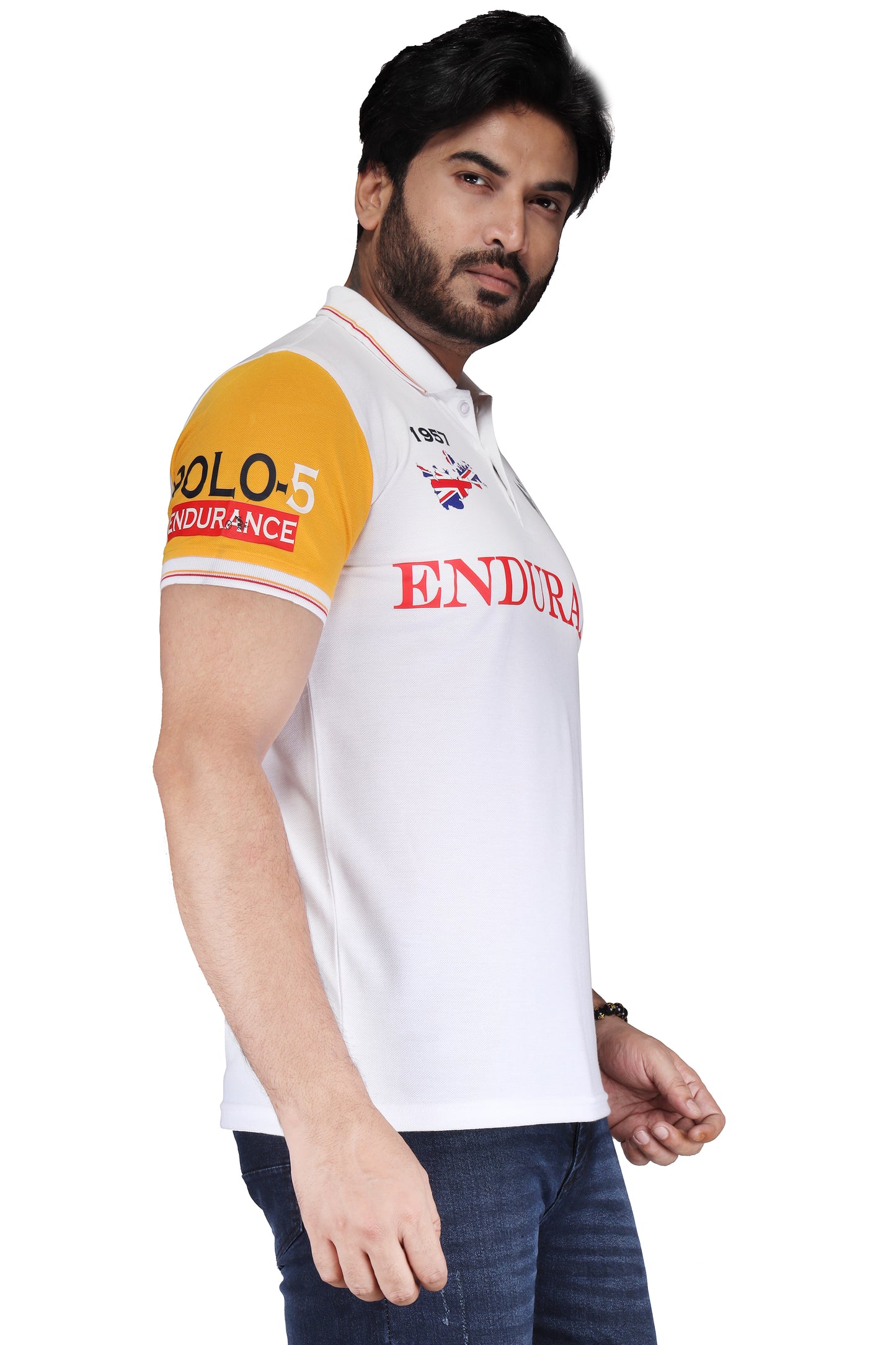 Biker's Garage Men's White Polo T-Shirt with Endurance Print & Contrast Sleeves – Casual Cotton Polo