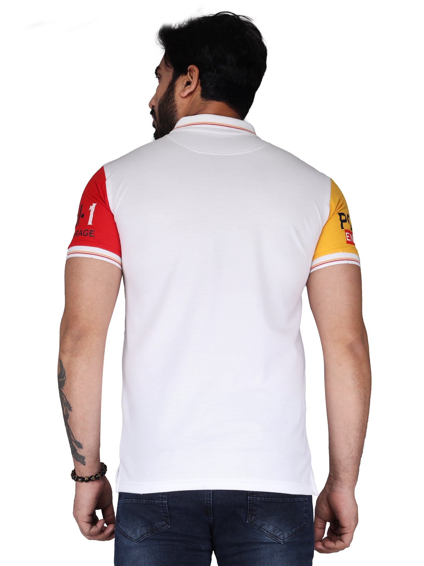 Biker's Garage Men's White Polo T-Shirt with Endurance Print & Contrast Sleeves – Casual Cotton Polo