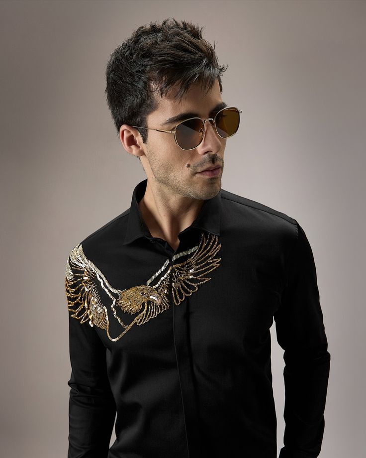Black Premium Partywear Shirt for Men with Golden & Silver Eagle Embellishment | Designer Slim-Fit Statement Shirt