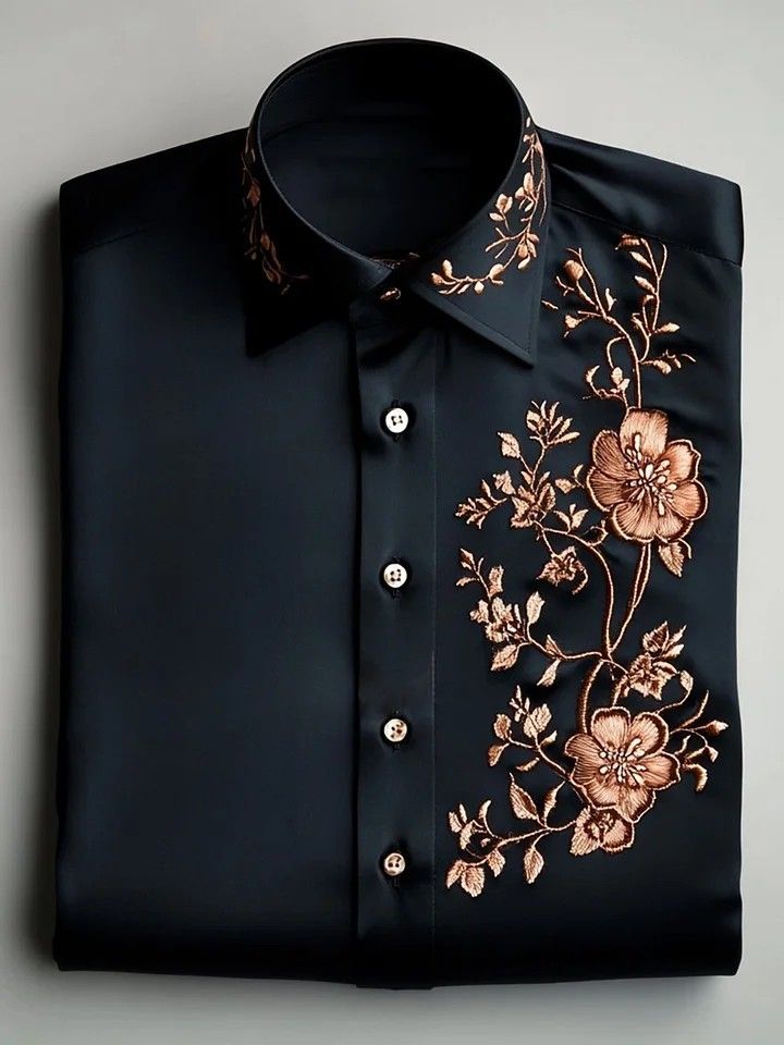 Black Premium Satin Shirt for Men with Copper Floral Embroidery | Designer Partywear Slim-Fit Shirt