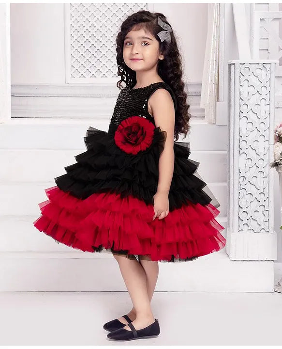 Girls' Black & Maroon Layered Tulle Party Dress with Sequin Bodice and Flower Accent – Fancy Birthday & Occasion Frock