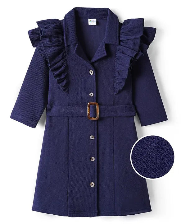 Girls Party Wear Navy Dress with Ruffle Shoulders & Belt