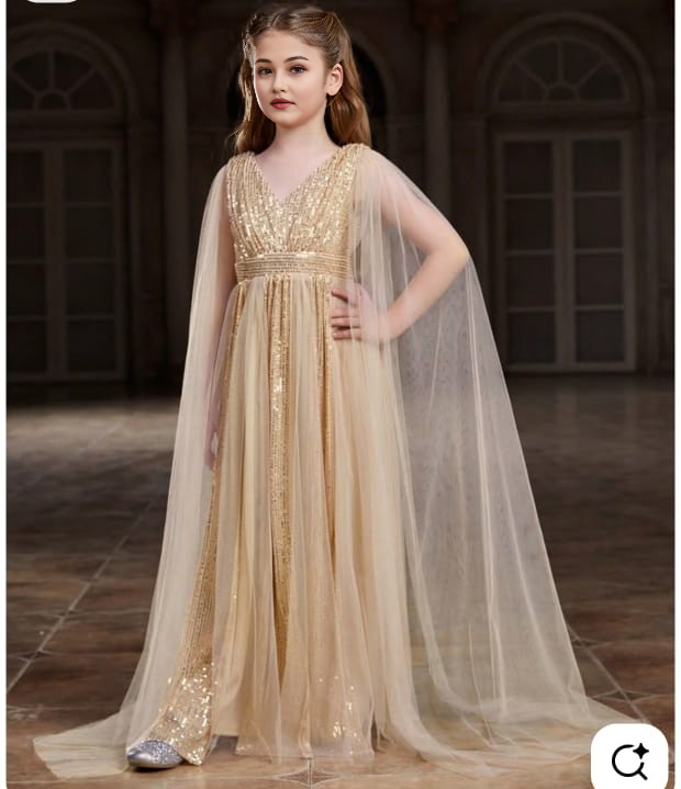 Girls' Pink Sequin Gown with Cape – Elegant Party & Occasion Dress
