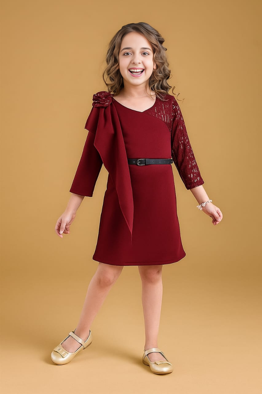 Girls' Maroon One-Shoulder Style Party Dress with Lace Sleeve, Bow Detail & Belt – Elegant Knee-Length Frock