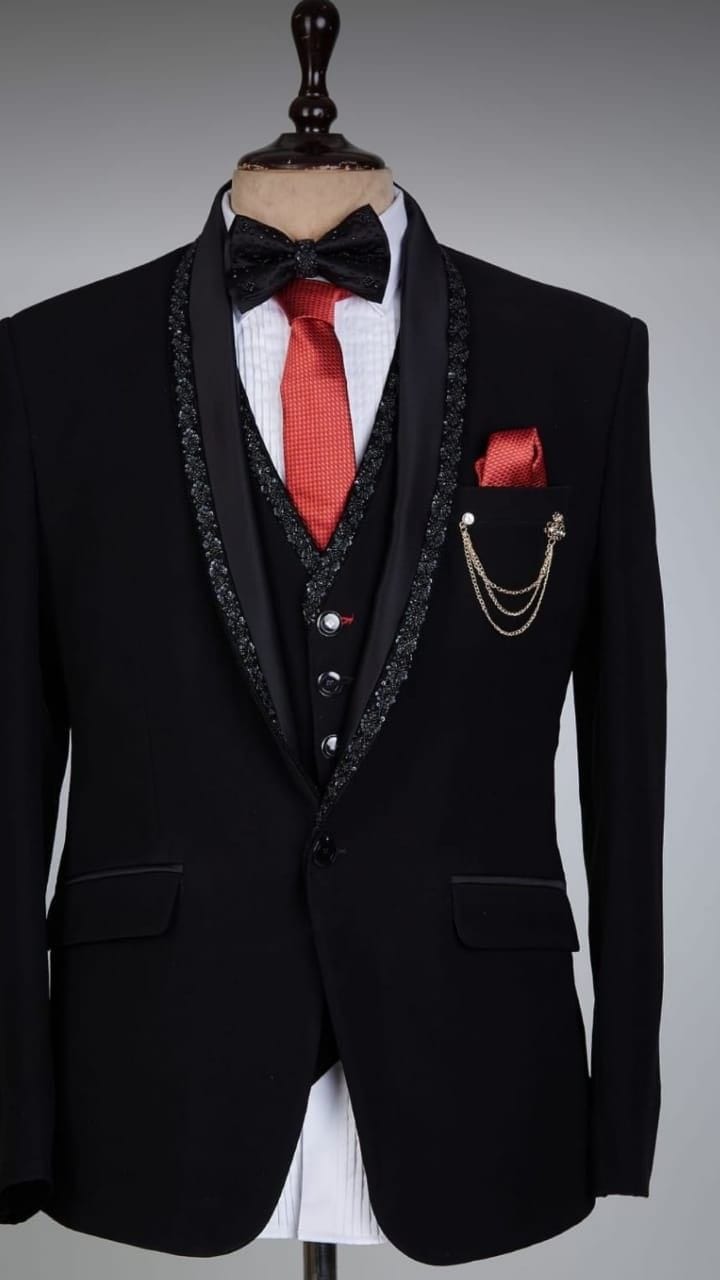 Black Luxury Three-Piece Tuxedo Suit for Men with Embellished Lapel | Designer Wedding & Partywear Set