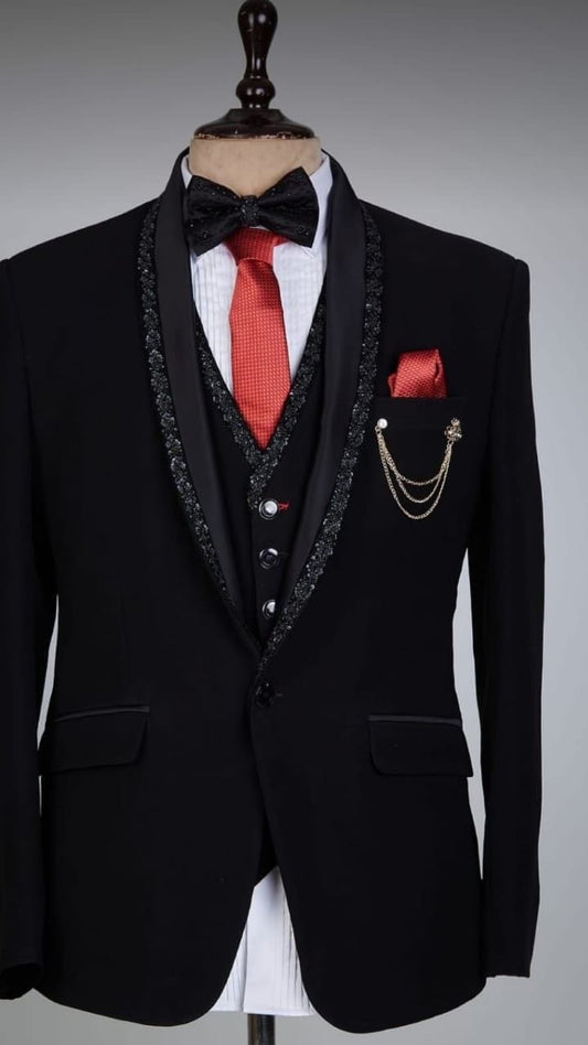 Black Luxury Three-Piece Tuxedo Suit for Men with Embellished Lapel | Designer Wedding & Partywear Set