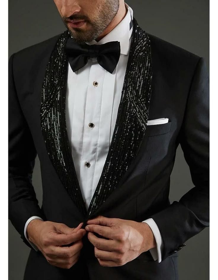 Black Luxury Sequin Lapel Tuxedo Suit for Men | Premium Wedding & Partywear Designer Suit Jacket