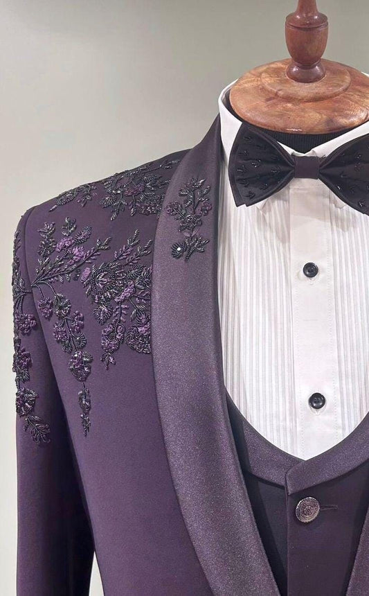 Plum Purple Luxury Embroidered Tuxedo Suit for Men with Hand-Beaded Floral Detailing | Premium Wedding & Partywear