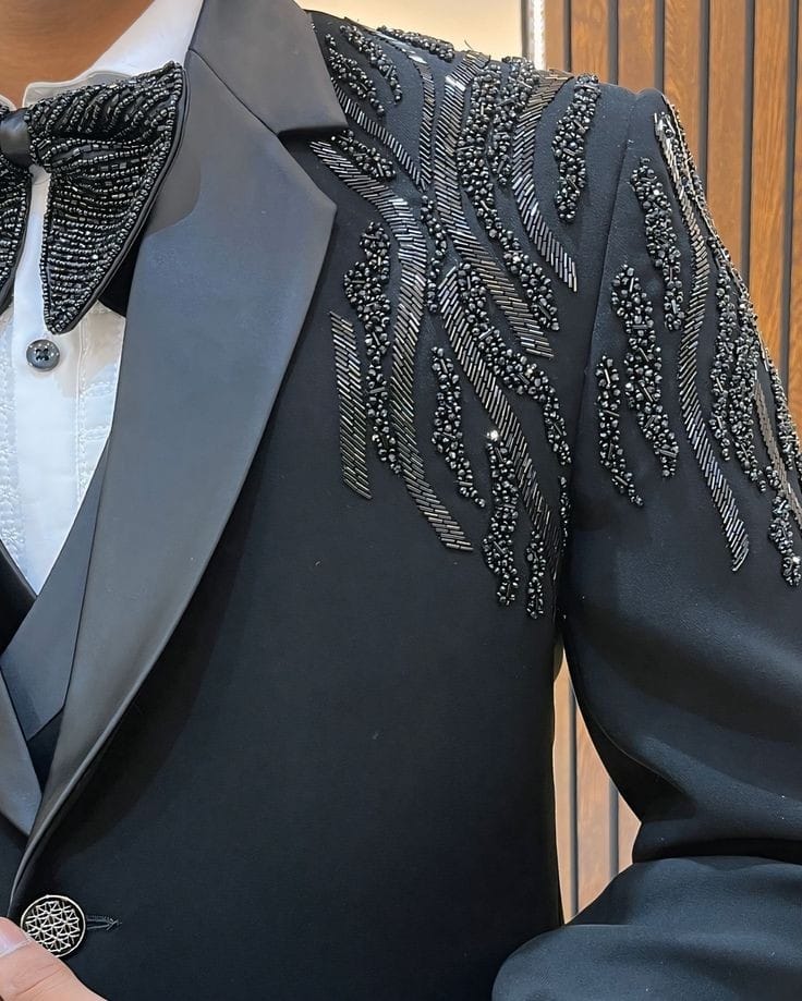 Black Luxury Hand-Embroidered Tuxedo Blazer & Suit for Men with 3D Beaded Shoulder Detailing | Premium Wedding & Partywear