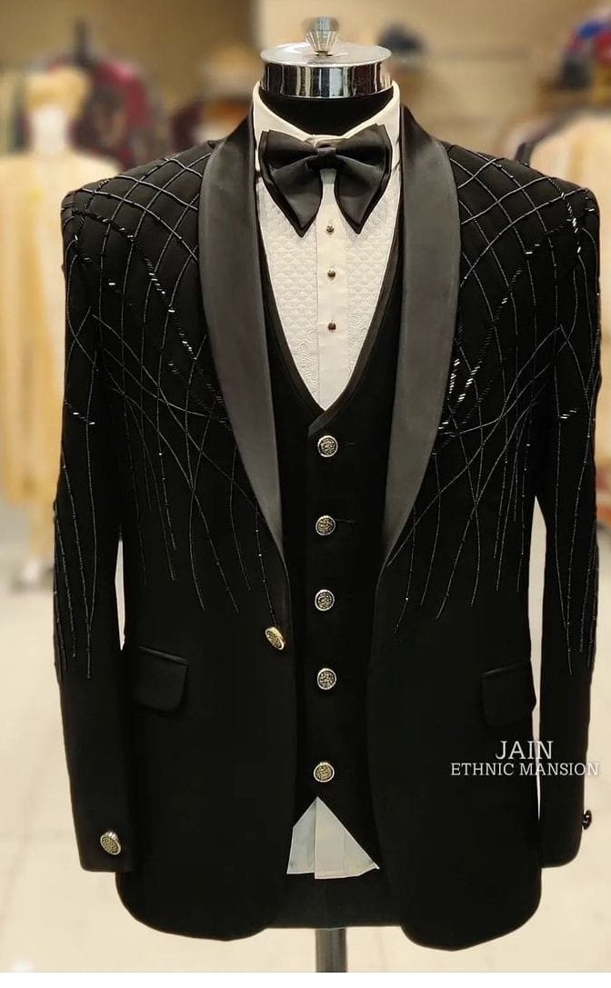 Black Luxury Three-Piece Tuxedo Suit for Men with Hand-Embellished Pattern Work | Premium Wedding & Partywear
