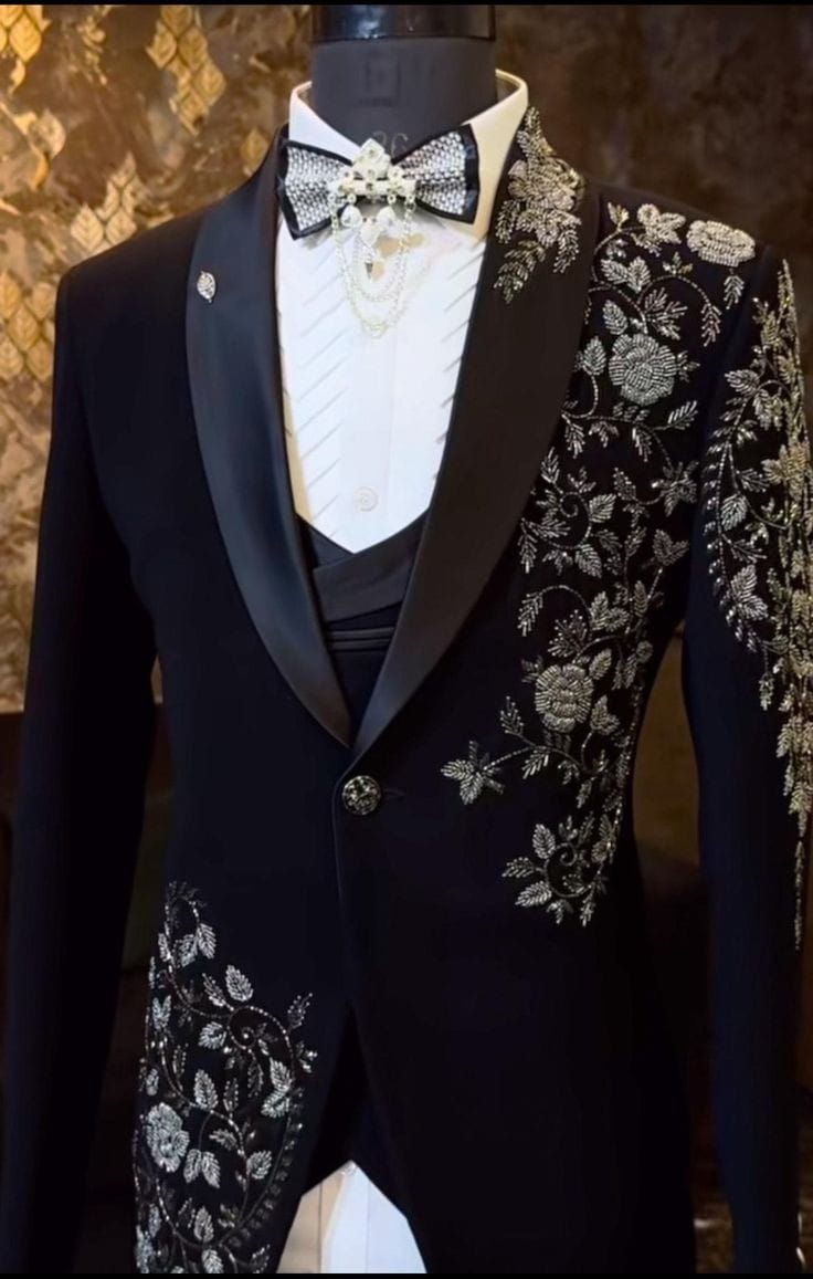Black Luxury Floral Embroidered Tuxedo Suit for Men with Heavy Silver Handwork | Premium Groom & Reception Wear