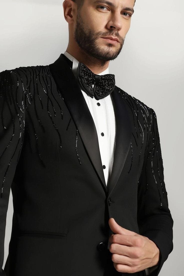 Black Luxury Embellished Tuxedo Suit for Men with Beaded Shoulder Detailing | Premium Wedding & Partywear