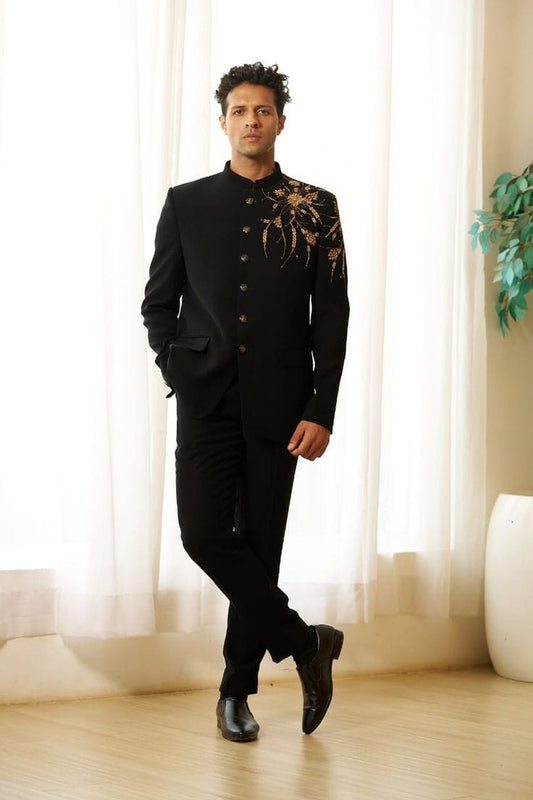 Black Designer Indo-Western Jodhpuri Suit for Men with Golden Embroidered Shoulder Motif | Premium Wedding & Partywear