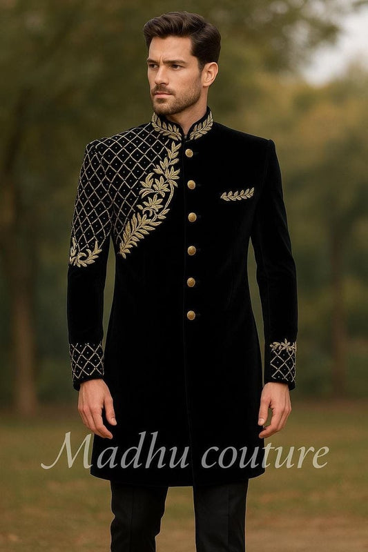 black Velvet Royal Sherwani for Men with Heavy Golden Hand Embroidery | Premium Designer Groom Wear