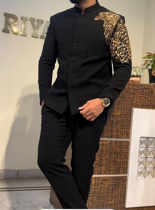 Black Indo-Western Jodhpuri Suit for Men with Premium Golden Shoulder Embroidery | Designer Groom & Partywear