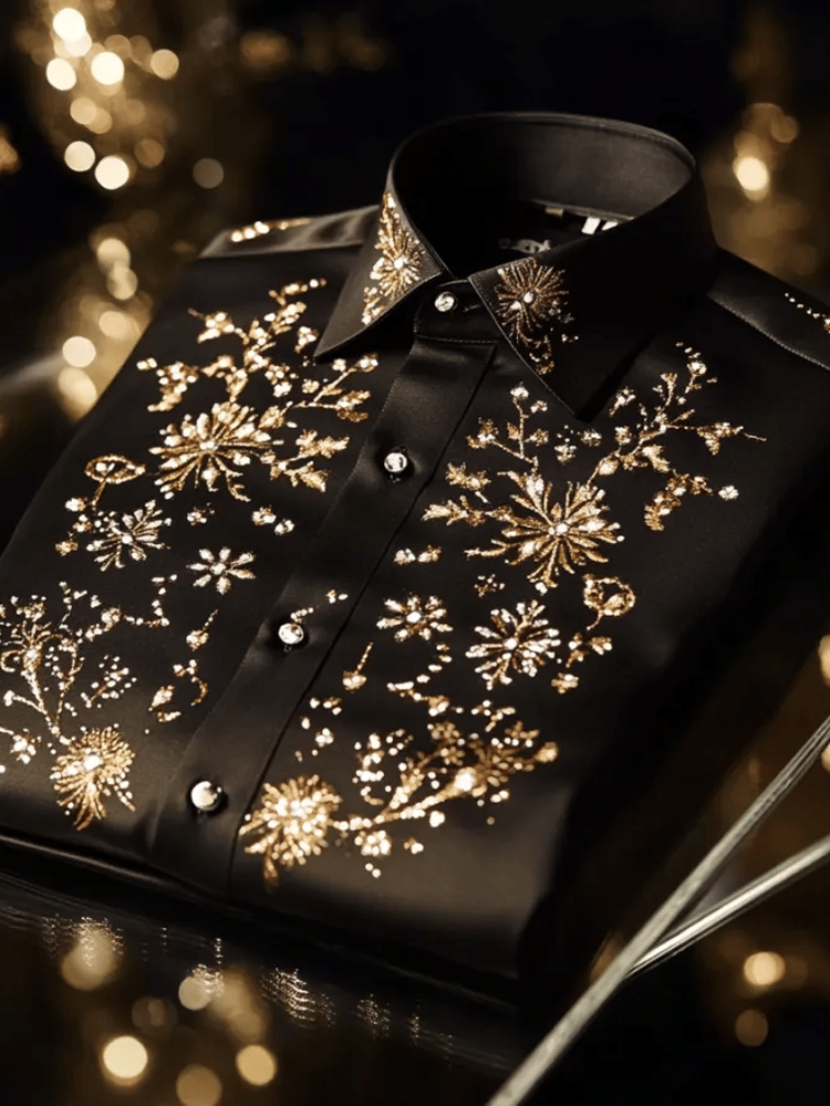 Men’s Luxury Black Satin Embroidered Shirt | Premium Golden Zari & Sequin Floral Designer Partywear Shirt
