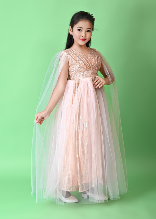 Girls' Pink Sequin Gown with Cape – Elegant Party & Occasion Dress