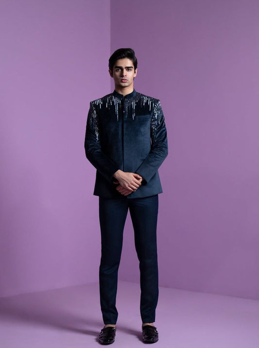 Men’s Designer Velvet Bandhgala Suit Set with Shoulder Sequin Embroidery | Premium Indo-Western Party & Wedding Wear
