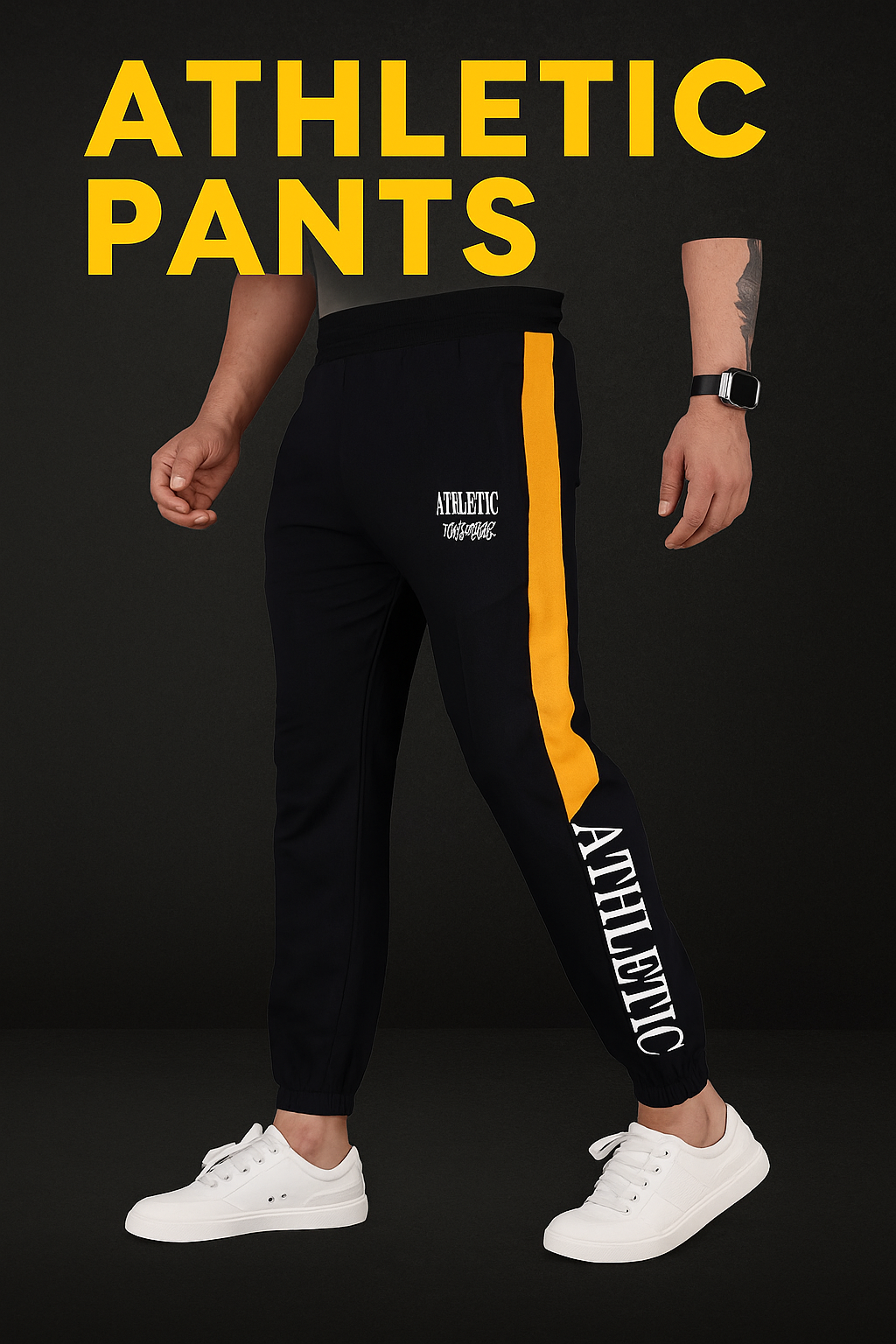 Biker's Garage Men's Black Joggers with Yellow Stripe & “ATHLETIC” Print – Slim Fit Sports joggers