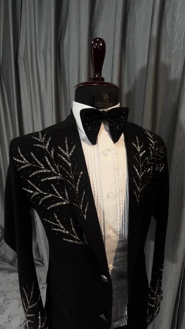 Black Luxury Hand-Embroidered Tuxedo Blazer for Men | Designer Crystal & Bead Work Partywear