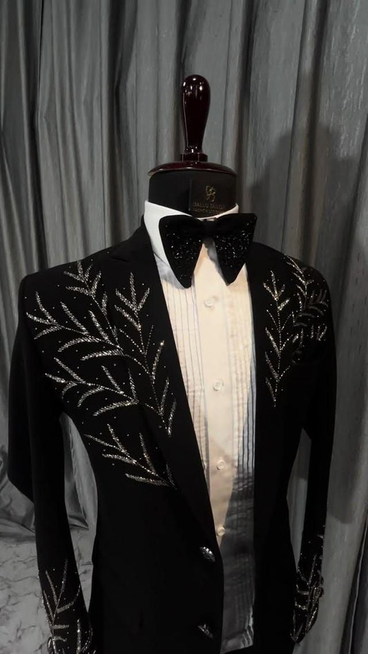 Black Luxury Hand-Embroidered Tuxedo Blazer for Men | Designer Crystal & Bead Work Partywear