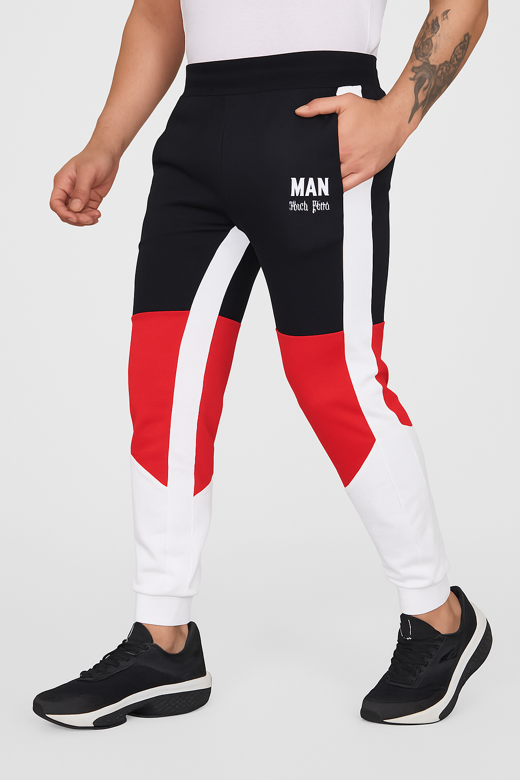 Biker's Garage Men's Colorblock Joggers – Black, Red & White Track Pants