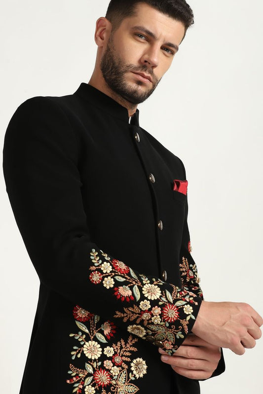 Black Velvet-Look Embroidered Indo-Western Coat for Men | Luxury Floral Handwork Partywear