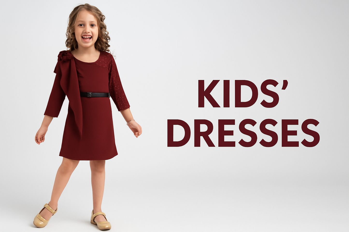 Girls' Maroon One-Shoulder Style Party Dress with Lace Sleeve, Bow Detail & Belt – Elegant Knee-Length Frock