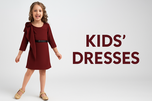 Girls' Maroon One-Shoulder Style Party Dress with Lace Sleeve, Bow Detail & Belt – Elegant Knee-Length Frock