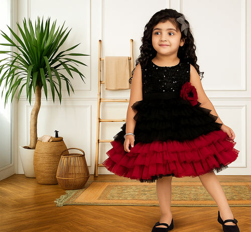 Girls' Black & Maroon Layered Tulle Party Dress with Sequin Bodice and Flower Accent – Fancy Birthday & Occasion Frock