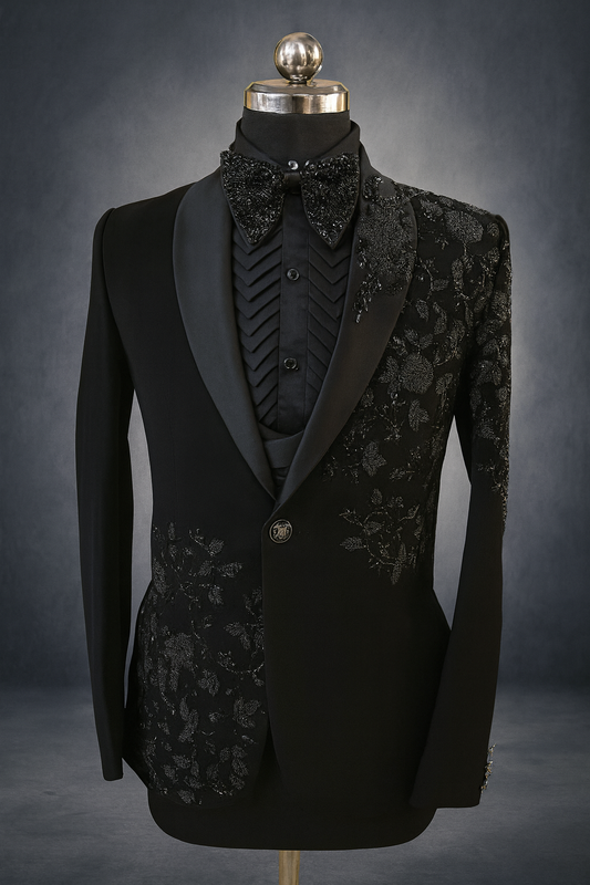Luxury Black Embroidered Tuxedo with Handwork Detailing- 5 pcs suit