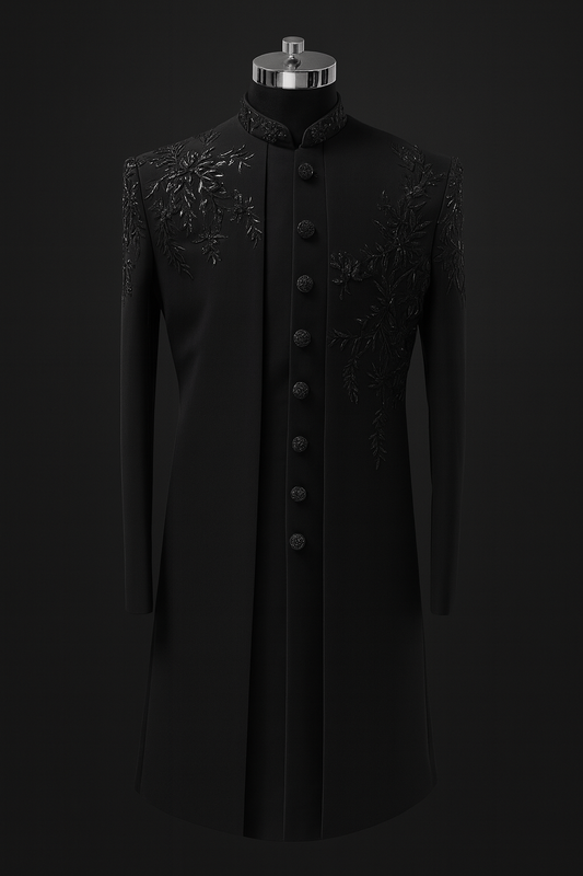 Luxury All-Black Embroidered Sherwani for Groom
