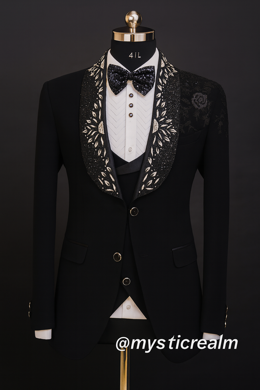 Luxury Black Embellished Tuxedo with Sequin Floral Lapel- 5pcs set