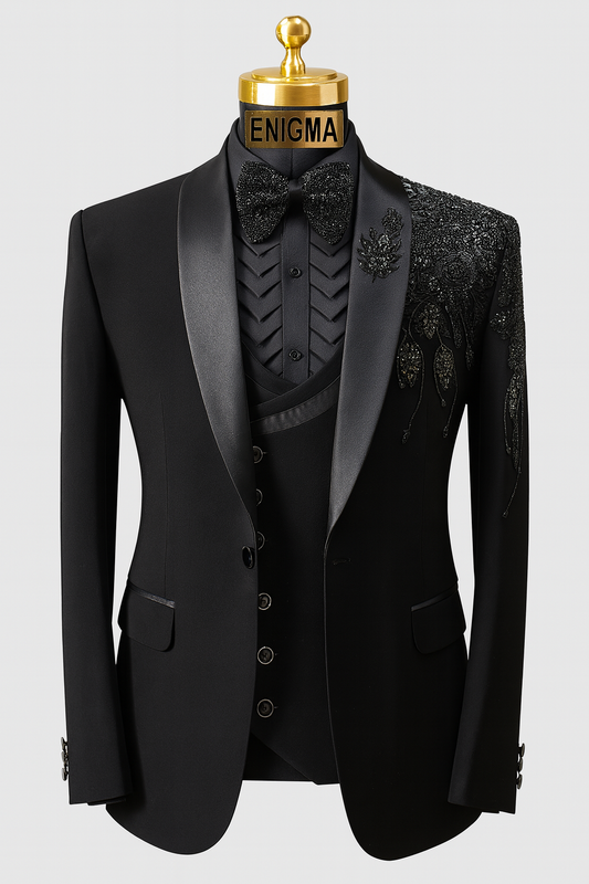 Luxury Black Hand-Embroidered Tuxedo Suit for Groom- 5pcs set