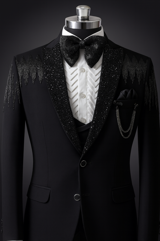 Luxury Black Sequin & Bead Embroidered Tuxedo for Groom