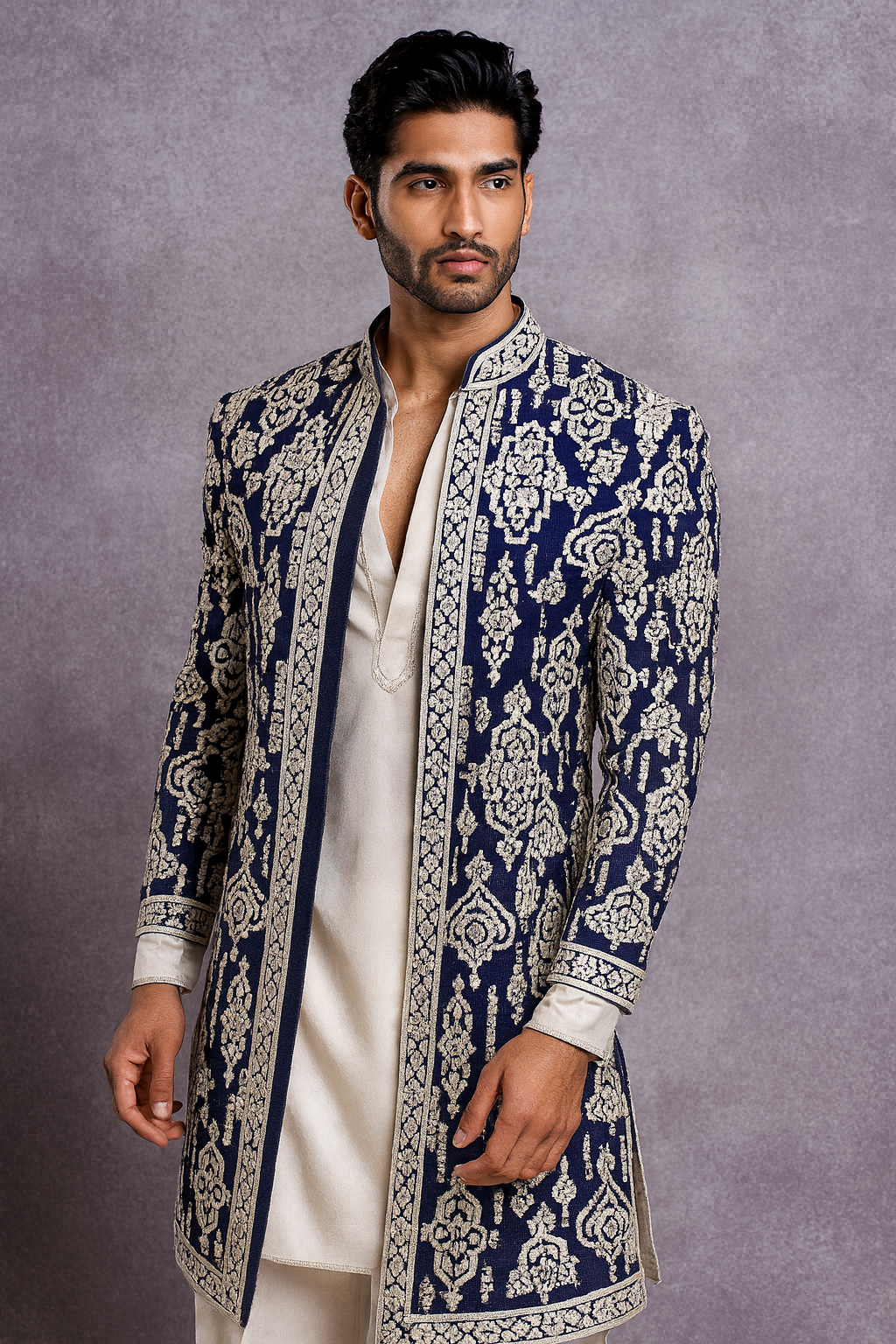 Premium Navy Blue Embroidered Indo-Western Jacket for Men