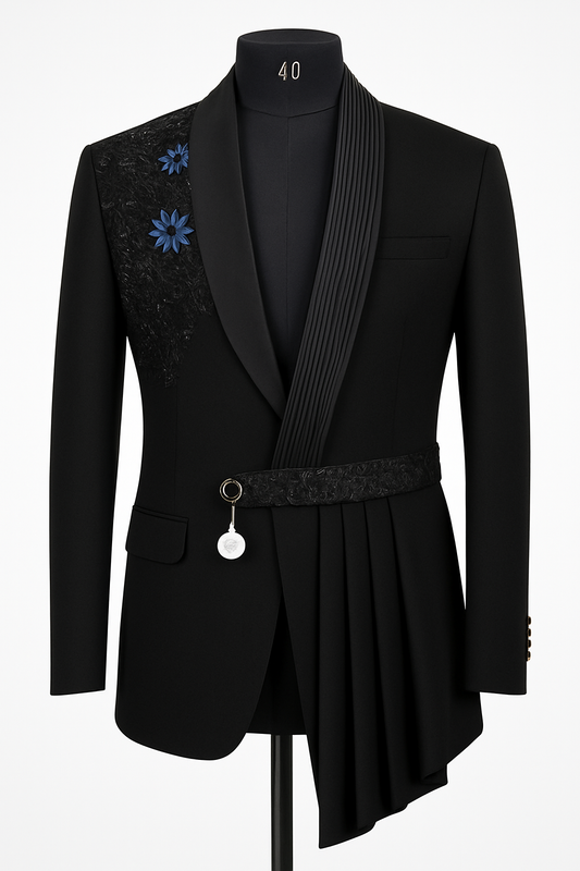 Luxury Black Asymmetric Designer Tuxedo with Floral Detailing ( only Blazer)