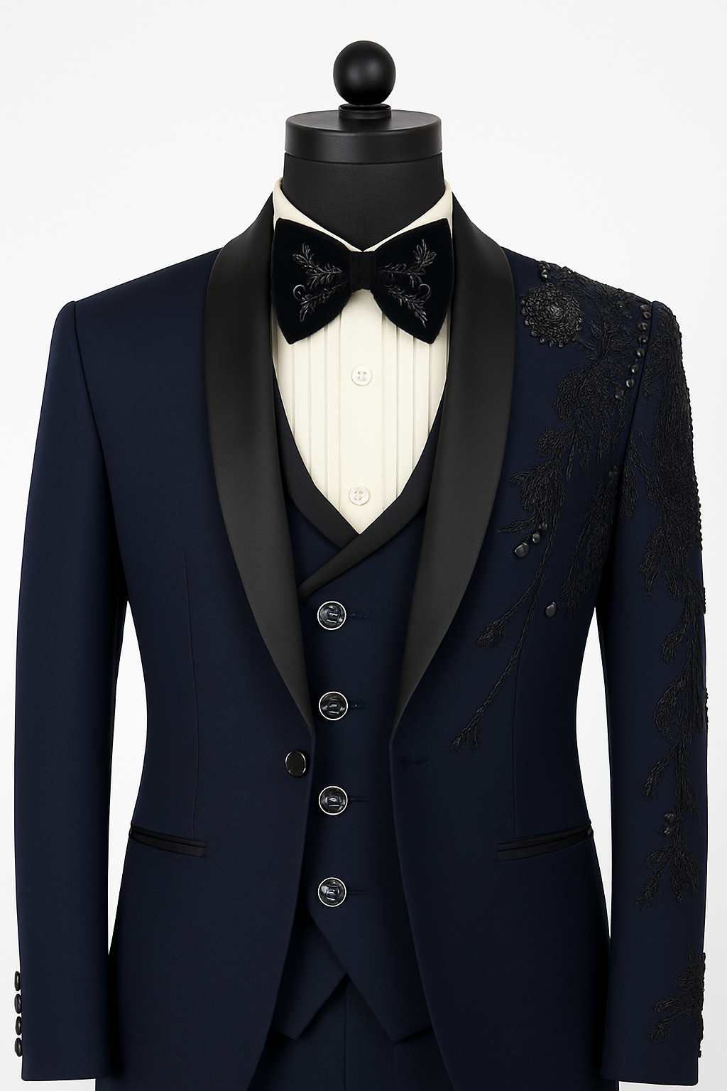 Premium Navy Blue Tuxedo Suit with Black Embroidered Detailing