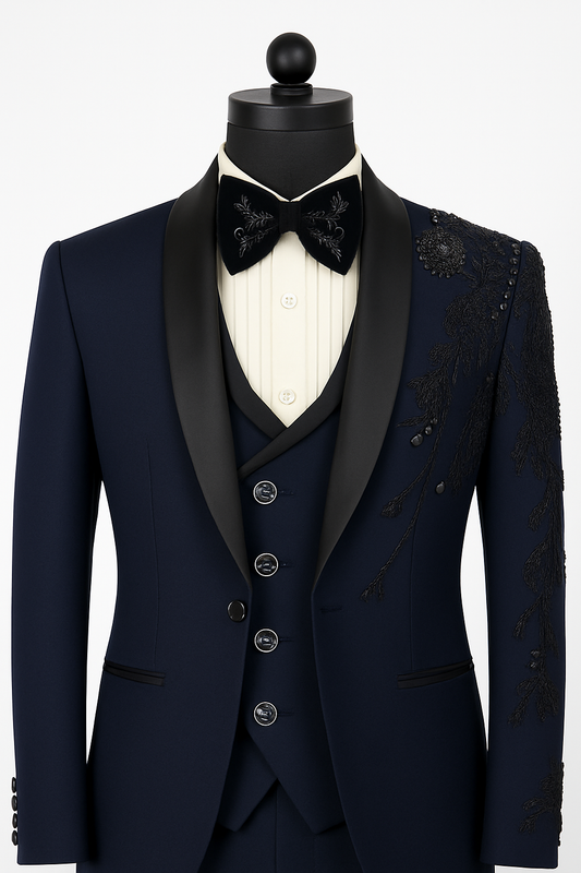 Premium Navy Blue Tuxedo Suit with Black Embroidered Detailing