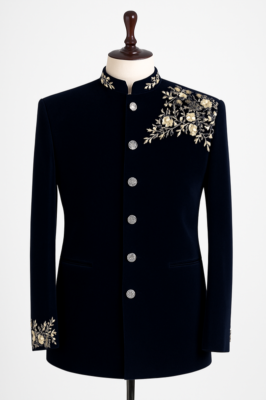 Royal Navy Blue Embroidered Indo-Western Short Sherwani Jacket