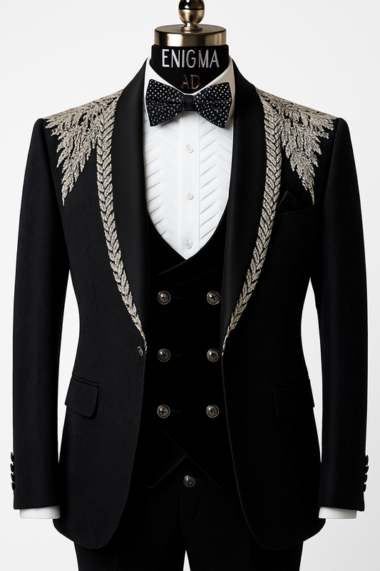 Premium Black Groom Tuxedo 5pcs Suit with Silver Leaf Embroidery