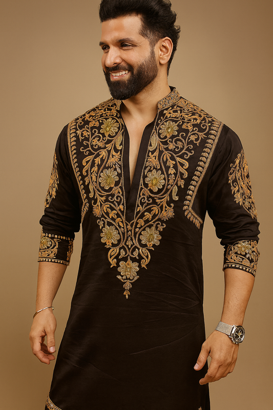 Men’s Black Designer Kurta with Heavy Golden Embroidery – Royal Wedding & Festive Wear