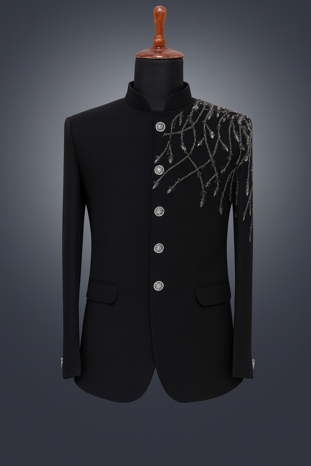 Men’s Black Indo-Western Coat with Silver Hand Embroidery – Royal Designer Festive & Wedding Wear