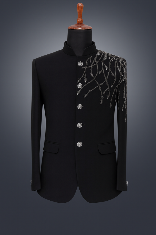 Men’s Black Indo-Western Coat with Silver Hand Embroidery – Royal Designer Festive & Wedding Wear