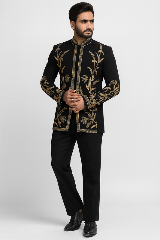 Men’s Black Designer Indo-Western with Heavy Golden Embroidery – Royal Wedding & Reception Wear