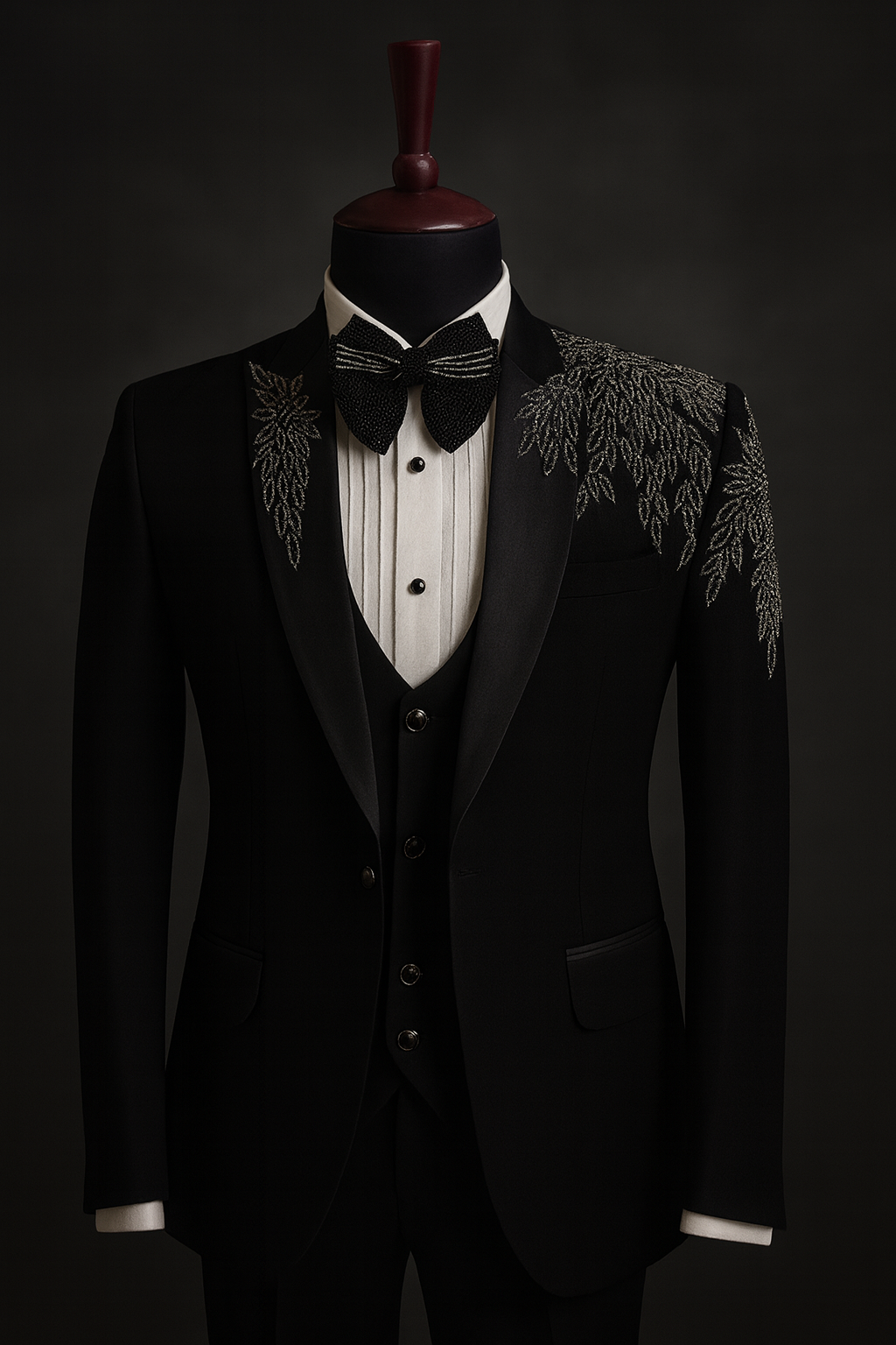 Men’s Luxury Black Tuxedo Suit with Handcrafted Leaf Embroidery & Bow Tie – 5-Piece Premium Wedding & Party Wear