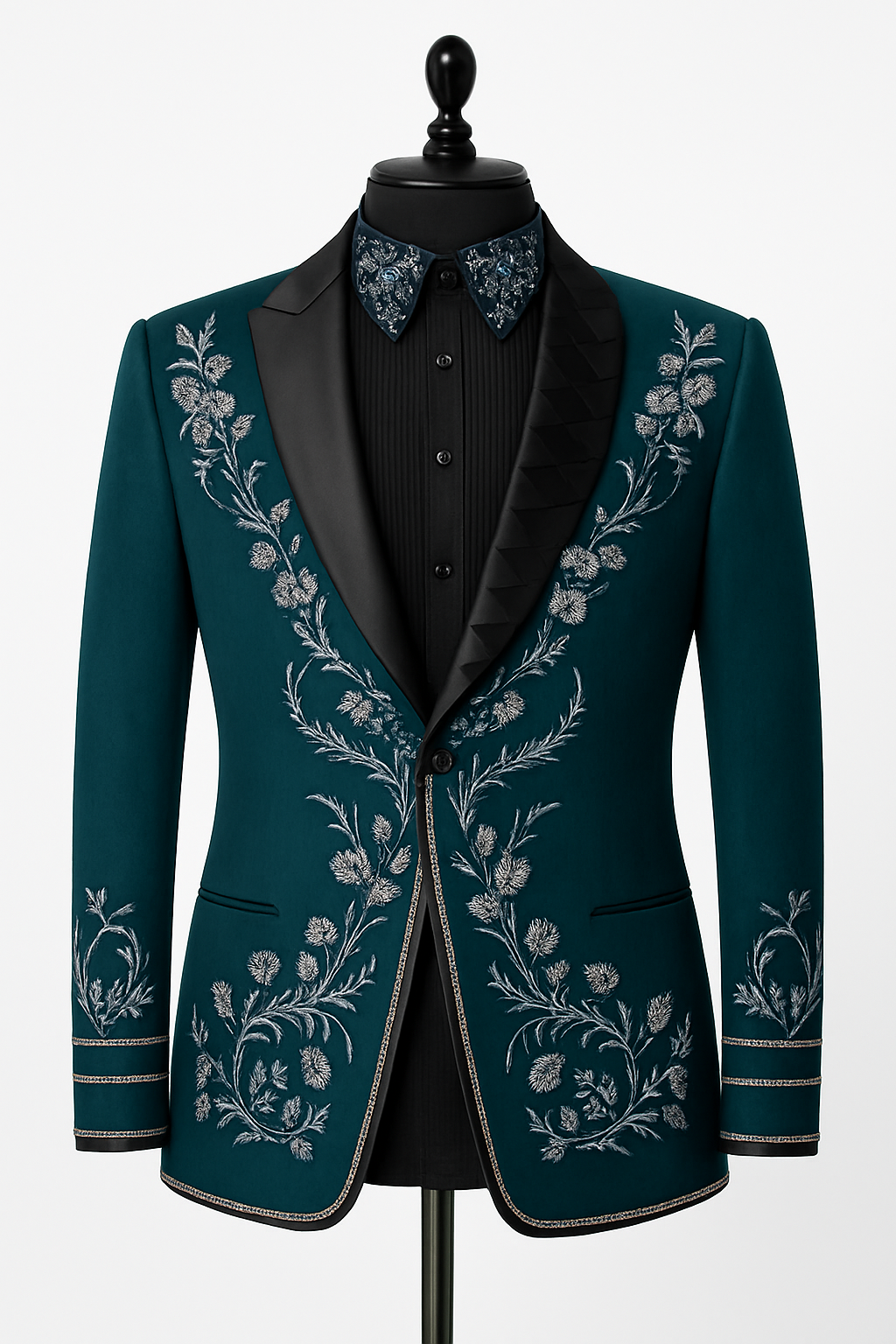 Men’s Teal Green Embroidered Tuxedo Blazer | Designer Floral Handwork Party Wear Coat for Wedding & Reception