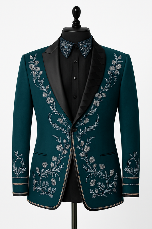 Men’s Teal Green Embroidered Tuxedo Blazer | Designer Floral Handwork Party Wear Coat for Wedding & Reception
