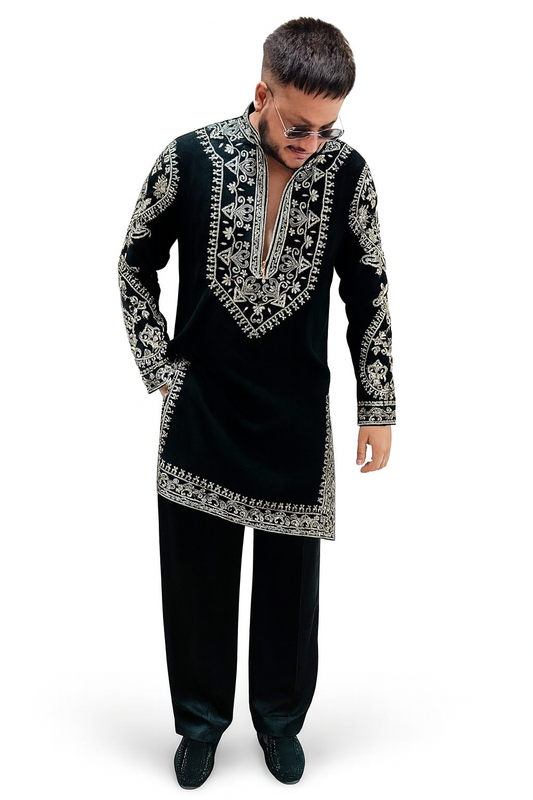 Men’s Black Velvet Heavy Embroidered Kurta Pajama Set | Designer Mughal Pattern Festive & Wedding Wear