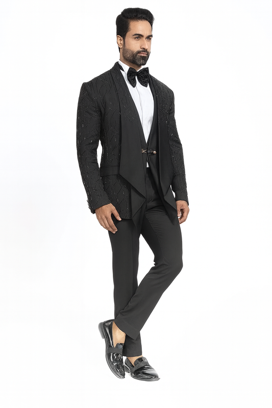 Men’s Premium Black Designer Tuxedo Suit | Embroidered Long Lapel Blazer with Bow Tie for Wedding & Party Wear